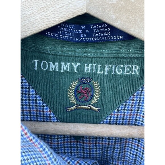 Tommy Hilfiger Men’s Flannel Button Down Shirt Crest Logo Micro Plaid Vtg Large - Picture 2 of 7